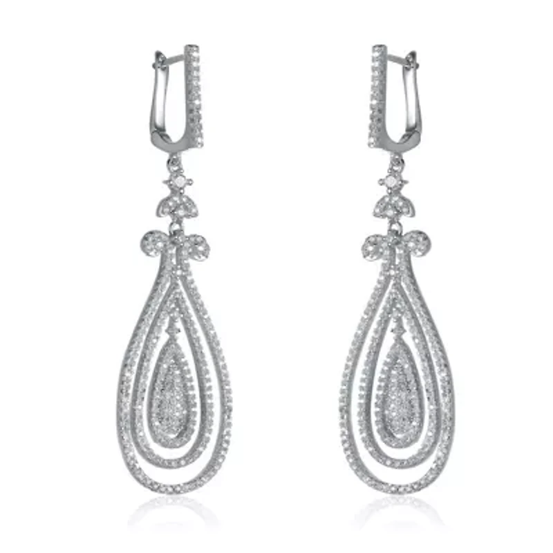 Lab Created Sterling Silver White Gold Plated with Clear Cubic Zirconia Triple Outlined Teardrop Earrings