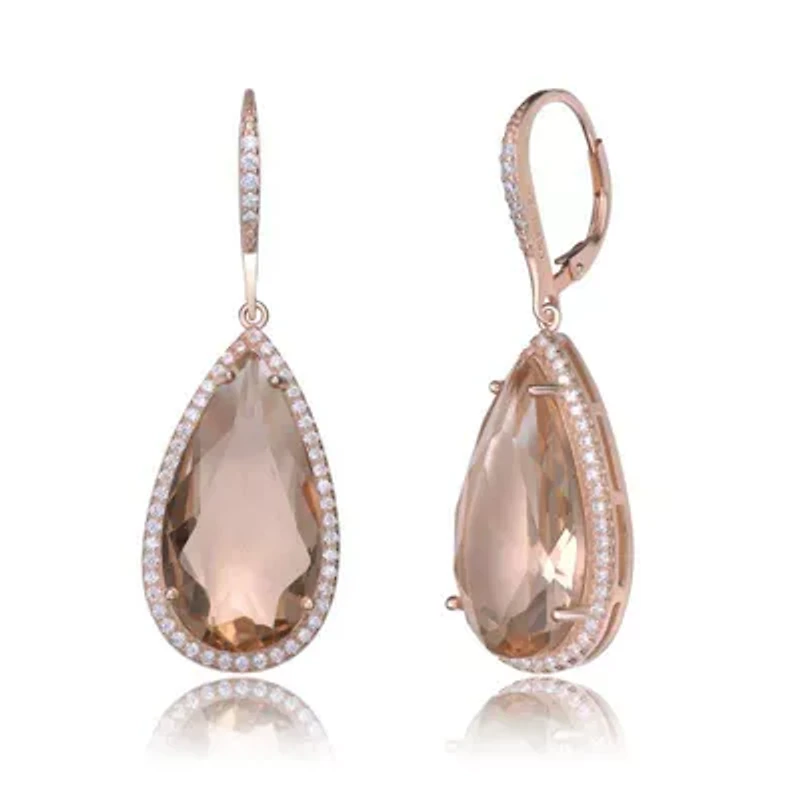 Lab Created Sterling Silver 18K Rose Gold Plated with Peach Color Cubic Zirconia Teardrop Leverback Earrings