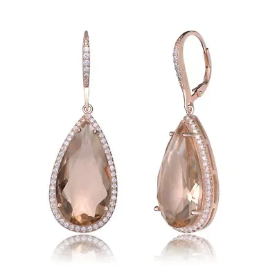 Lab Created Sterling Silver 18K Rose Gold Plated with Peach Color Cubic Zirconia Teardrop Leverback Earrings