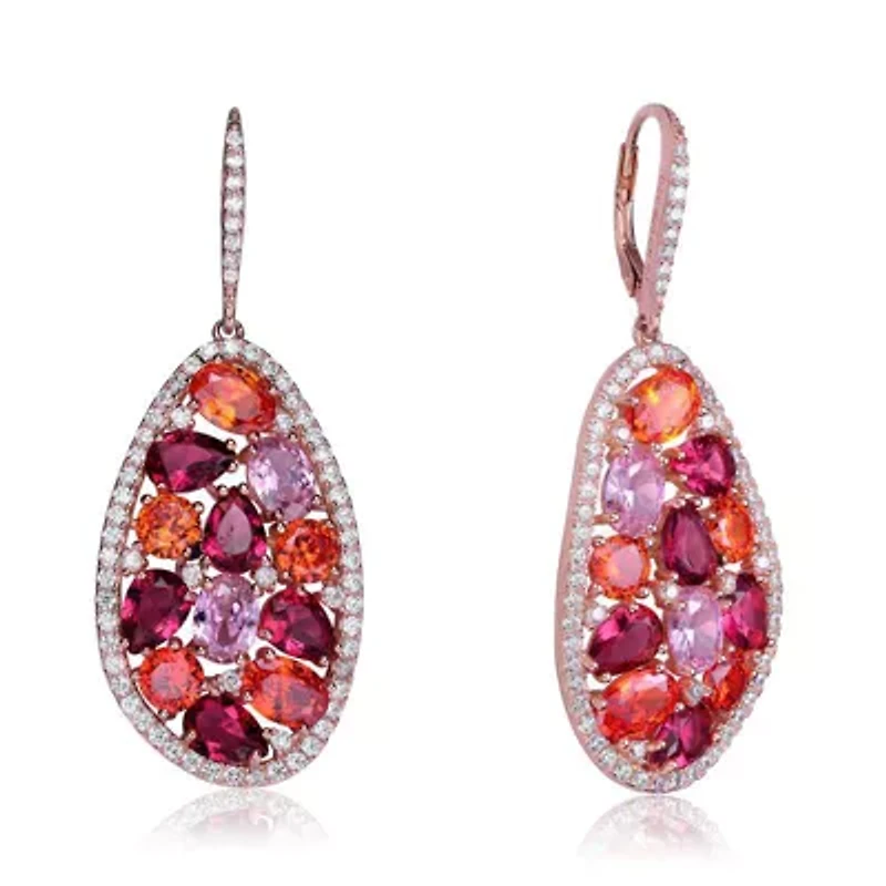 Lab Created Sterling Silver 18K Rose Gold Plating with Ruby Red Cubic Zirconia Cluster Teardrop Earrings