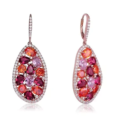 Lab Created Sterling Silver 18K Rose Gold Plating with Ruby Red Cubic Zirconia Cluster Teardrop Earrings