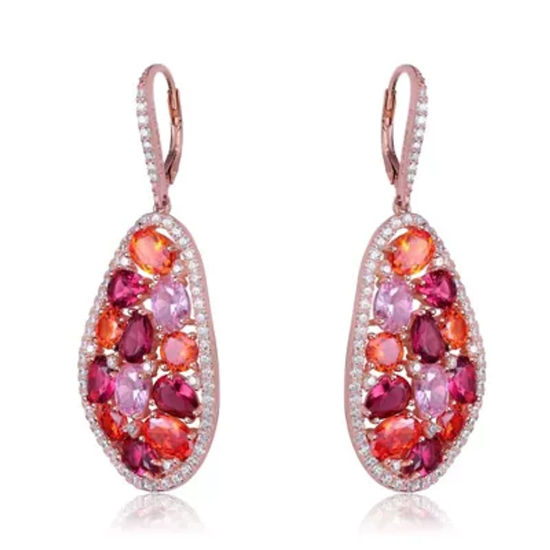 Lab Created Sterling Silver 18K Rose Gold Plating with Ruby Red Cubic Zirconia Cluster Teardrop Earrings