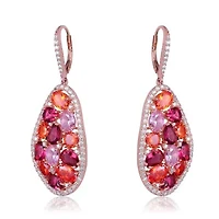 Lab Created Sterling Silver 18K Rose Gold Plating with Ruby Red Cubic Zirconia Cluster Teardrop Earrings