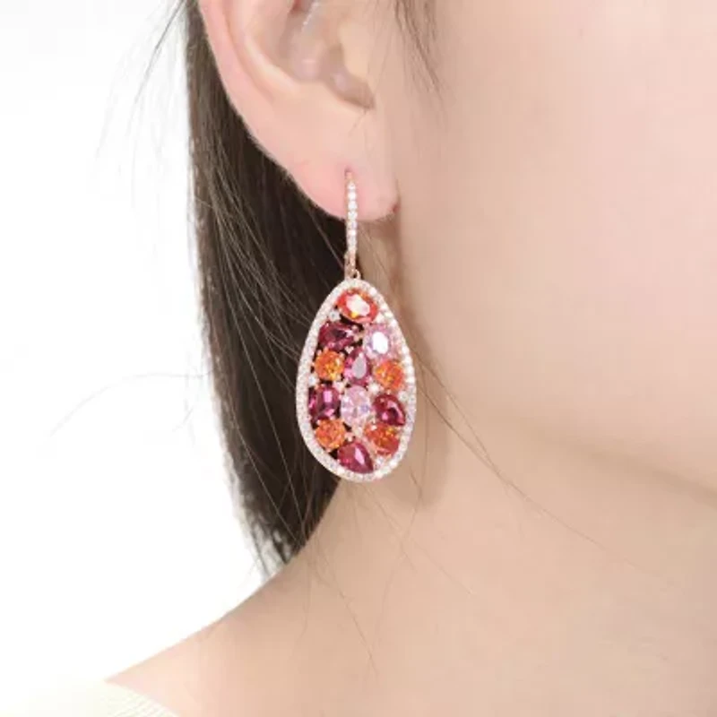 Lab Created Sterling Silver 18K Rose Gold Plating with Ruby Red Cubic Zirconia Cluster Teardrop Earrings