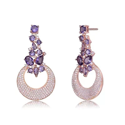 Lab Created Sterling Silver 18K Rose Gold Plating with Amethyst Cubic Zirconia Open Circle Dangle Earrings