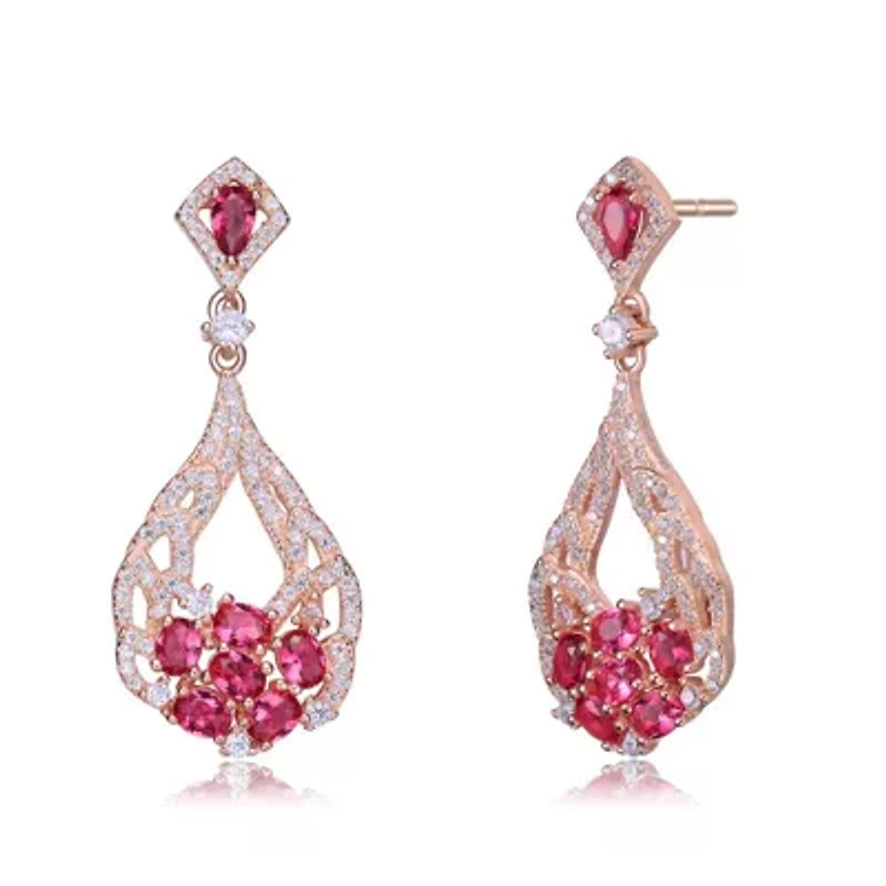 Lab Created Sterling Silver 18K Rose Gold Plated with Ruby Red Cubic Zirconia Teardrop Earrings