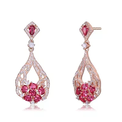 Lab Created Sterling Silver 18K Rose Gold Plated with Ruby Red Cubic Zirconia Teardrop Earrings