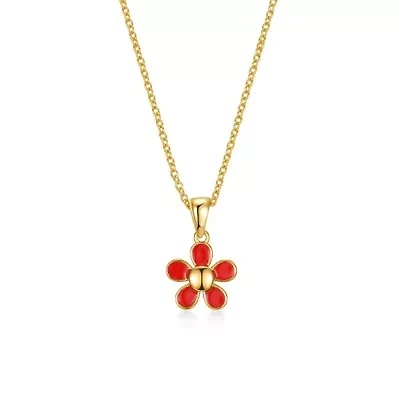 Lab Created 14K Gold Plated with Red Enamel Blooming Flower Layering Necklace for Toddler/Kids