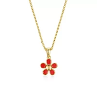 Lab Created 14K Gold Plated with Red Enamel Blooming Flower Layering Necklace for Toddler/Kids