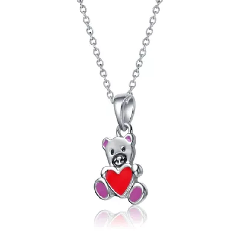 Lab Created White Gold Plated with Red Enameled Heart Teddy Bear Pendant Charm for Kids