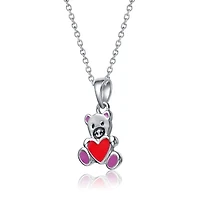 Lab Created White Gold Plated with Red Enameled Heart Teddy Bear Pendant Charm for Kids