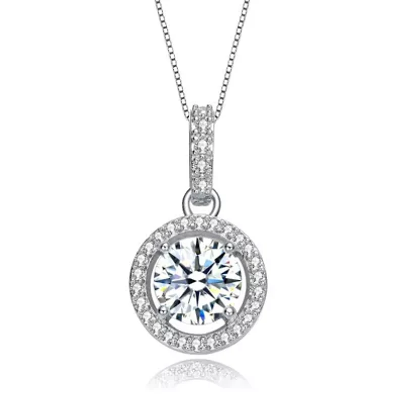 Lab Created White Gold Plated with Clear Cubic Zirconia Solitaire Halo Drop Pendant Necklace