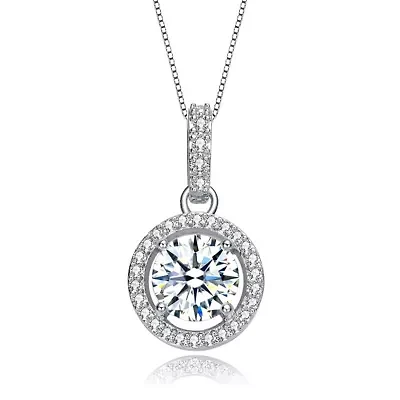 Lab Created White Gold Plated with Clear Cubic Zirconia Solitaire Halo Drop Pendant Necklace