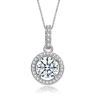 Lab Created White Gold Plated with Clear Cubic Zirconia Solitaire Halo Drop Pendant Necklace
