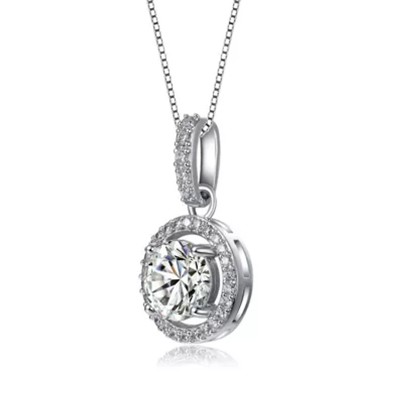 Lab Created White Gold Plated with Clear Cubic Zirconia Solitaire Halo Drop Pendant Necklace