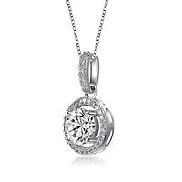 Lab Created White Gold Plated with Clear Cubic Zirconia Solitaire Halo Drop Pendant Necklace