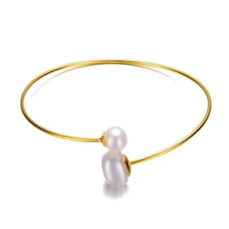 Lab Created Sterling Silver 14K Gold Plating with White Freshwater Pearl Bypass Bracelet