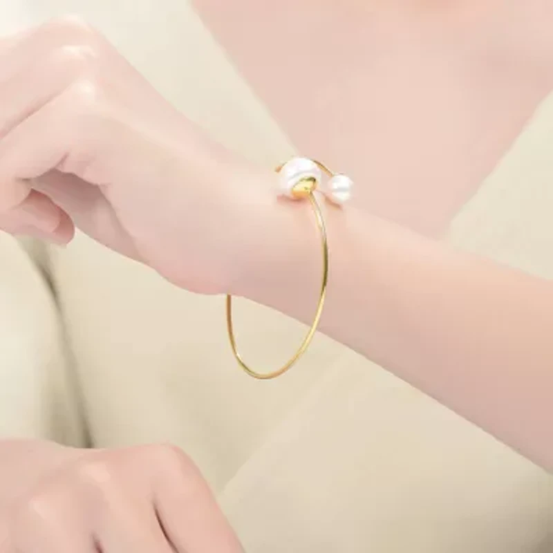 Lab Created Sterling Silver 14K Gold Plating with White Freshwater Pearl Bypass Bracelet