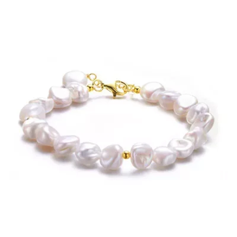 Lab Created Sterling Silver 14K Gold Plating with White Freshwater Round Pearl Bracelet
