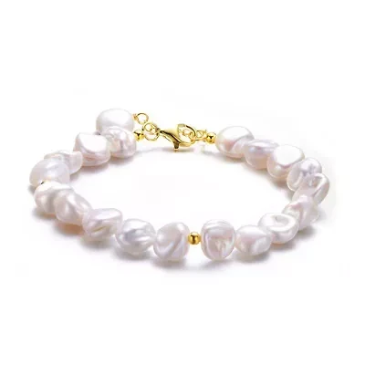 Lab Created Sterling Silver 14K Gold Plating with White Freshwater Round Pearl Bracelet