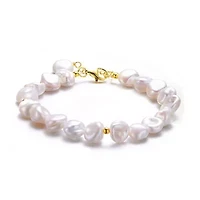 Lab Created Sterling Silver 14K Gold Plating with White Freshwater Round Pearl Bracelet