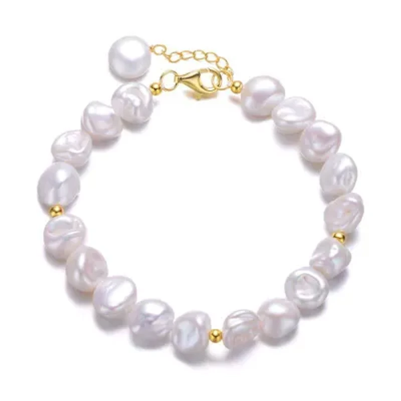 Lab Created Sterling Silver 14K Gold Plating with White Freshwater Round Pearl Bracelet
