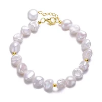 Lab Created Sterling Silver 14K Gold Plating with White Freshwater Round Pearl Bracelet