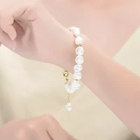 Lab Created Sterling Silver 14K Gold Plating with White Freshwater Round Pearl Bracelet