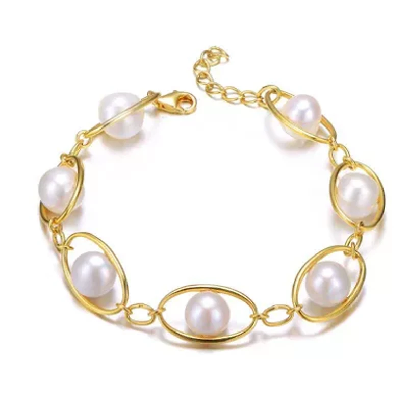 Lab Created Sterling Silver 14K Gold Plated with White Genuine Freshwater Pearl Link Oval Spring Adjustable Bracelet