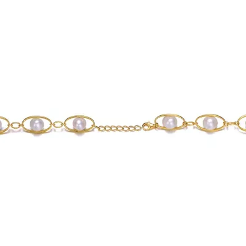 Lab Created Sterling Silver 14K Gold Plated with White Genuine Freshwater Pearl Link Oval Spring Adjustable Bracelet