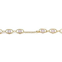 Lab Created Sterling Silver 14K Gold Plated with White Genuine Freshwater Pearl Link Oval Spring Adjustable Bracelet