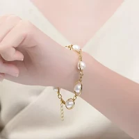 Lab Created Sterling Silver 14K Gold Plated with White Genuine Freshwater Pearl Link Oval Spring Adjustable Bracelet