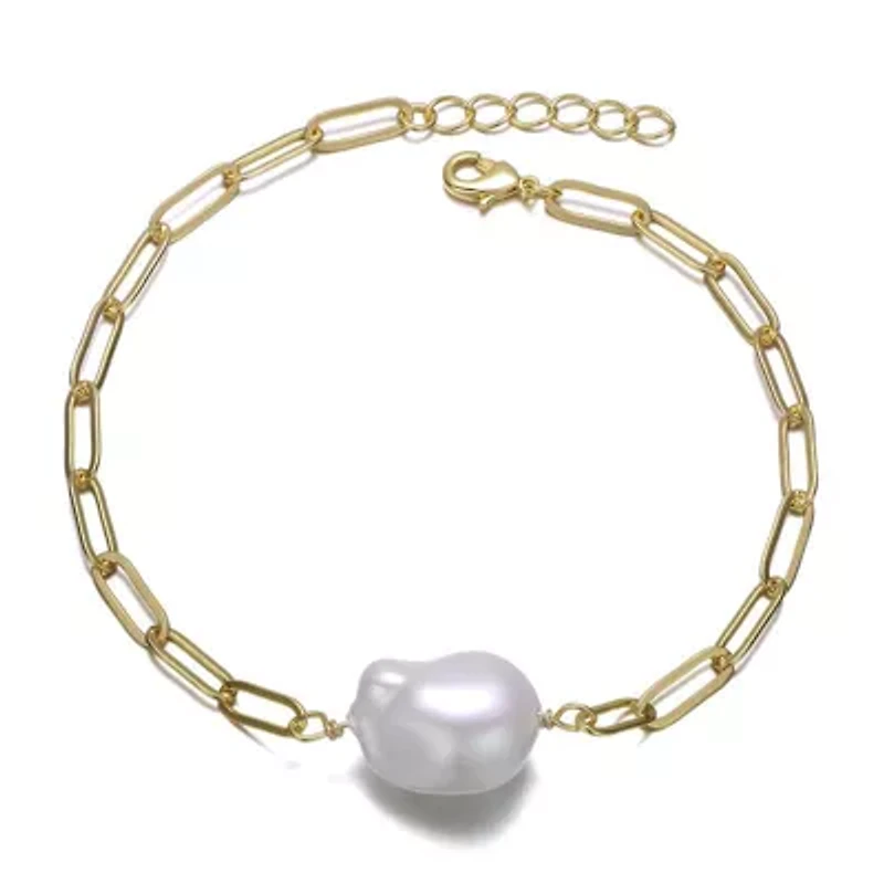 Lab Created Sterling Silver 14K Gold Plated with White Freshwater Pearl Paperclip Link Bracelet