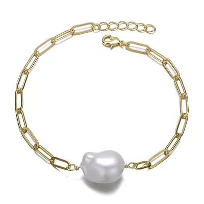 Lab Created Sterling Silver 14K Gold Plated with White Freshwater Pearl Paperclip Link Bracelet