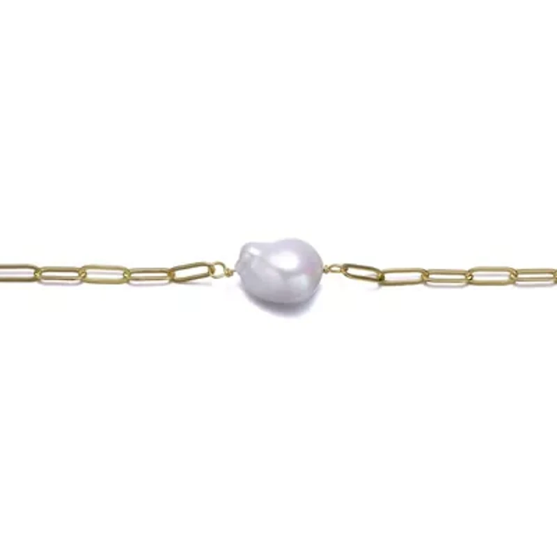 Lab Created Sterling Silver 14K Gold Plated with White Freshwater Pearl Paperclip Link Bracelet