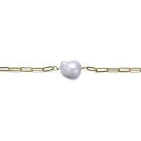 Lab Created Sterling Silver 14K Gold Plated with White Freshwater Pearl Paperclip Link Bracelet