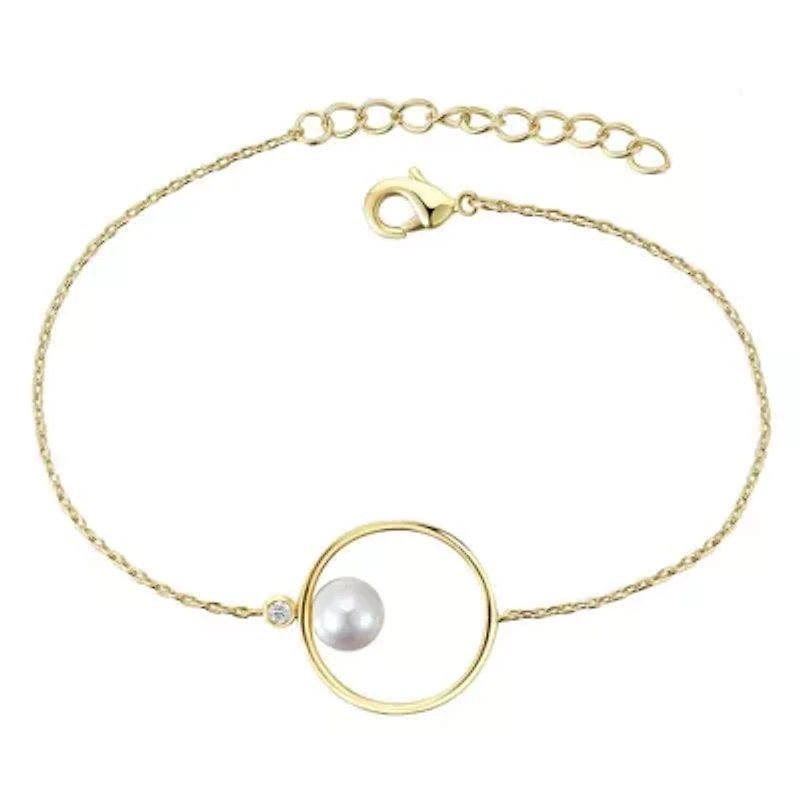 Lab Created 14K Gold Plated with White Genuine Freshwater Pearl Asymmetrical Wire Halo Delicate Bracelet