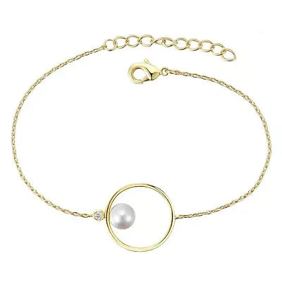 Lab Created 14K Gold Plated with White Genuine Freshwater Pearl Asymmetrical Wire Halo Delicate Bracelet