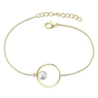 Lab Created 14K Gold Plated with White Genuine Freshwater Pearl Asymmetrical Wire Halo Delicate Bracelet