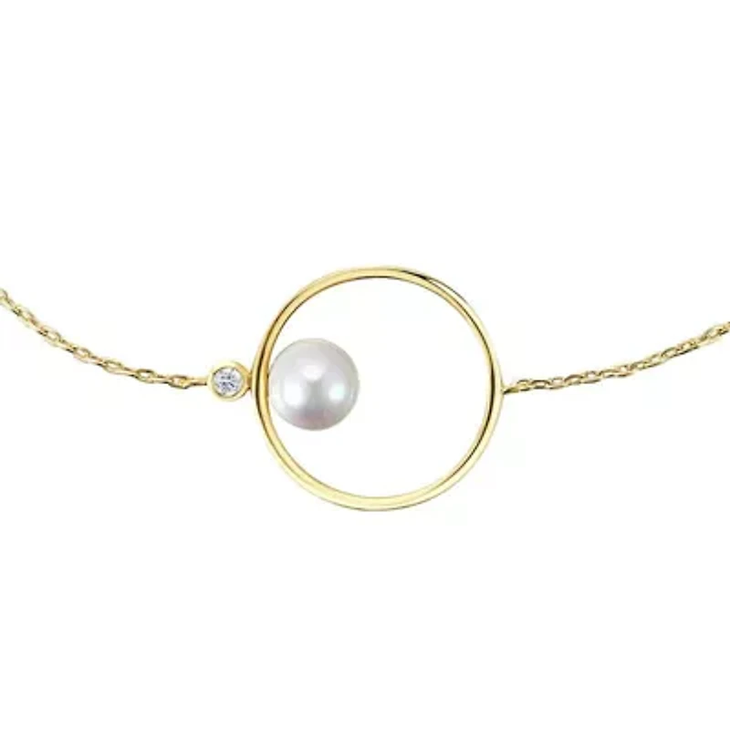 Lab Created 14K Gold Plated with White Genuine Freshwater Pearl Asymmetrical Wire Halo Delicate Bracelet
