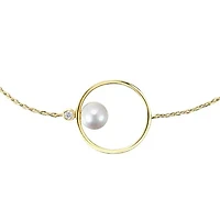 Lab Created 14K Gold Plated with White Genuine Freshwater Pearl Asymmetrical Wire Halo Delicate Bracelet