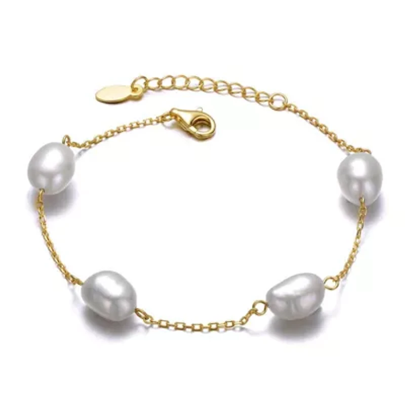 Lab Created Sterling Silver 14K Gold Plated with Gray Freshwater Pearl Station Bracelet
