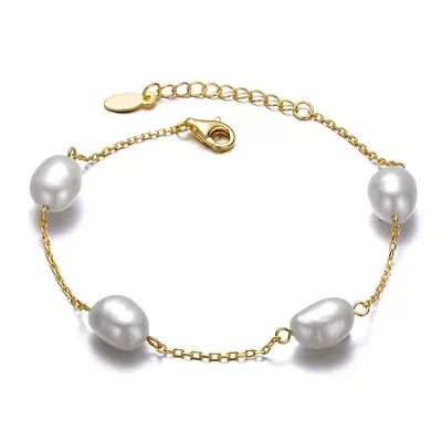 Lab Created Sterling Silver 14K Gold Plated with Gray Freshwater Pearl Station Bracelet