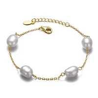 Lab Created Sterling Silver 14K Gold Plated with Gray Freshwater Pearl Station Bracelet