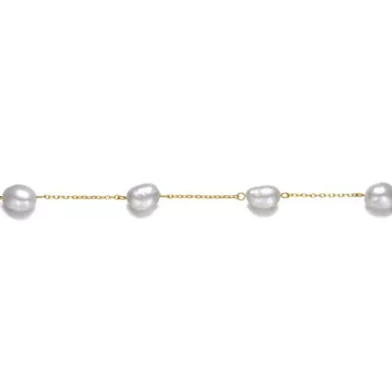 Lab Created Sterling Silver 14K Gold Plated with Gray Freshwater Pearl Station Bracelet