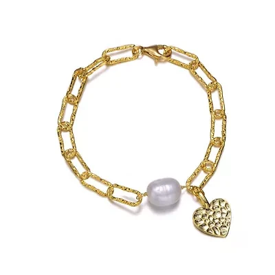 Lab Created Sterling Silver 14K Gold Plated with White Genuine Freshwater Pearl & Clear Cubic Zirconia Lobster Claw Link Bracelet