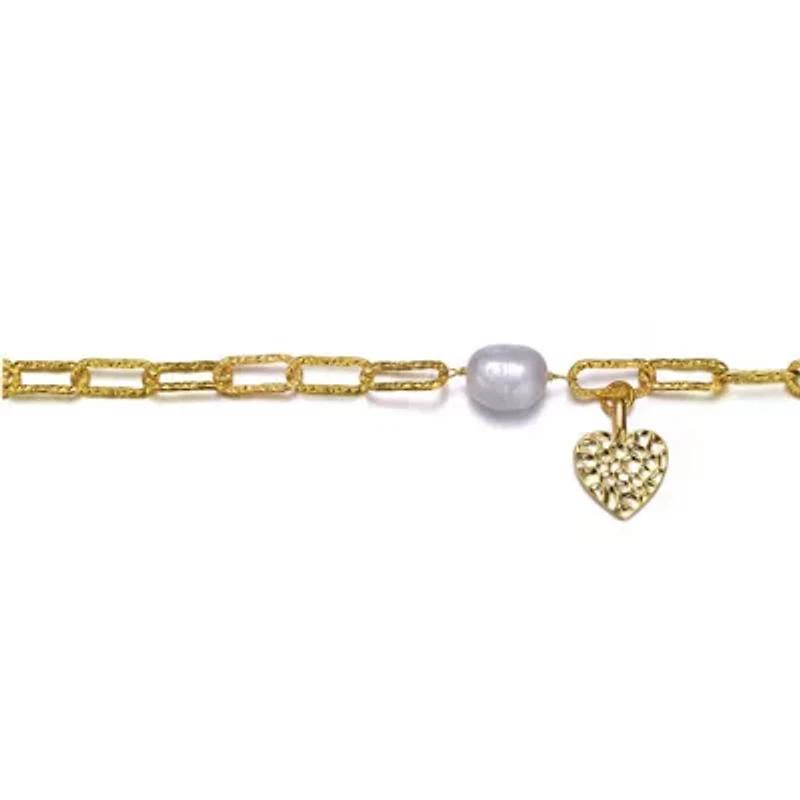 Lab Created Sterling Silver 14K Gold Plated with White Genuine Freshwater Pearl & Clear Cubic Zirconia Lobster Claw Link Bracelet