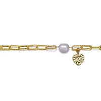 Lab Created Sterling Silver 14K Gold Plated with White Genuine Freshwater Pearl & Clear Cubic Zirconia Lobster Claw Link Bracelet