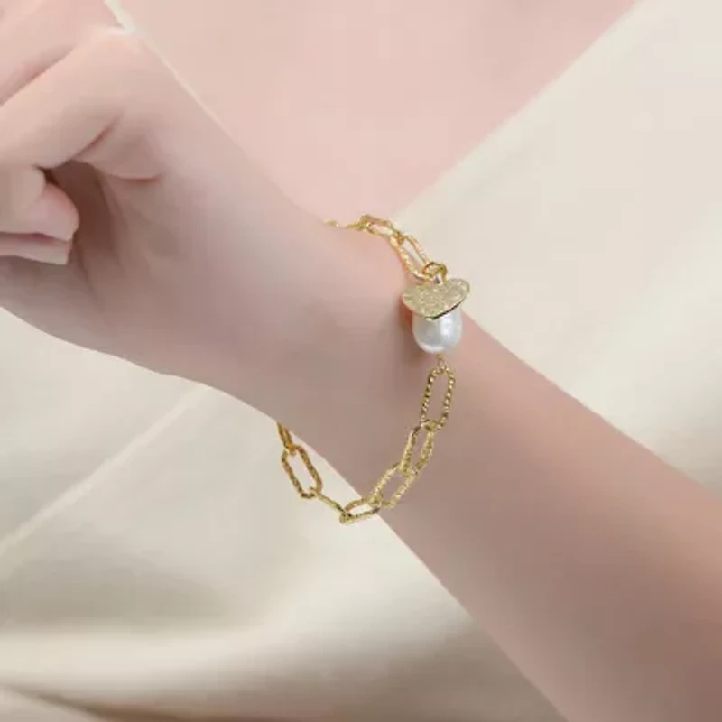 Lab Created Sterling Silver 14K Gold Plated with White Genuine Freshwater Pearl & Clear Cubic Zirconia Lobster Claw Link Bracelet