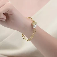 Lab Created Sterling Silver 14K Gold Plated with White Genuine Freshwater Pearl & Clear Cubic Zirconia Lobster Claw Link Bracelet